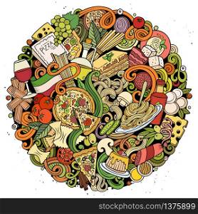Cartoon vector doodles Italian Food round illustration. Colorful, detailed, with lots of objects background. All objects separate. Bright colors Italy cuisine funny picture. Cartoon vector doodles Italian Food illustration