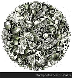 Cartoon vector doodles Italian Food round illustration. Monochrome, detailed, with lots of objects background. All objects separate. Toned Italy cuisine funny picture. Cartoon vector doodles Italian Food round illustration