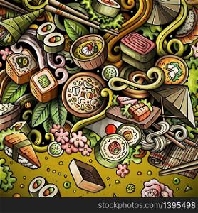 Cartoon vector doodles Japan food frame. Colorful, detailed, with lots of objects background. All objects separate. Bright colors japanese cuisine funny border. Cartoon hand-drawn doodles Japan food frame