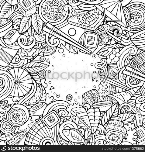 Cartoon vector doodles Japan food frame. Line art, detailed, with lots of objects background. All objects separate. Sketchy japanese cuisine funny border. Cartoon contour hand-drawn doodles Japan food frame