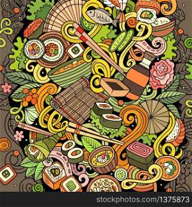 Cartoon vector doodles Japan food round illustration. Colorful, detailed, with lots of objects background. All objects separate. Bright colors japanese cuisine funny picture. Cartoon color vector doodles Japan food illustration