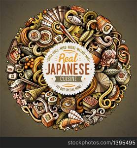 Cartoon vector doodles Japan food round illustration. Colorful, detailed, with lots of objects background. All objects separate. Bright colors japanese cuisine funny picture. Cartoon vector doodles Japan food illustration