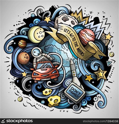 Cartoon vector doodles joky Space illustration. The red car in outer space. Colorful, detailed, with lots of objects funny composition. All objects separate.. Cartoon vector doodles Space trendy illustration