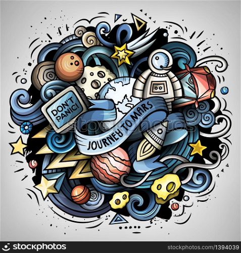 Cartoon vector doodles joky Space illustration. The red car in outer space. Colorful, detailed, with lots of objects funny composition. All objects separate.. Cartoon vector doodles Space trendy illustration