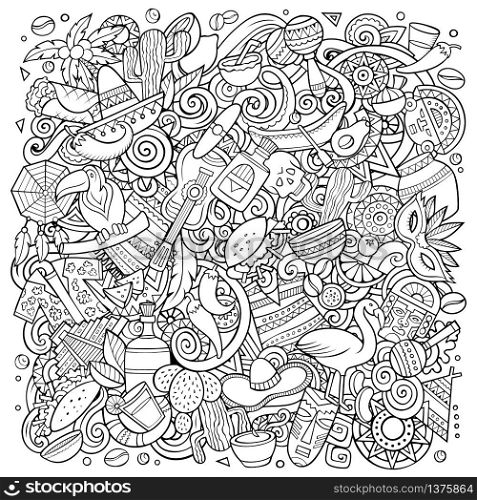 Cartoon vector doodles Latin America illustration. Colorful, detailed, with lots of objects background. All objects separate. Bright colors latinamerican funny picture. Cartoon vector color doodles Latin America illustration
