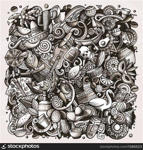 Cartoon vector doodles Latin America illustration. Monochrome detailed, with lots of objects background. All objects separate. Toned latinamerican funny picture. Cartoon vector doodles Latin America illustration. Toned latinamerican picture