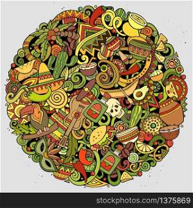 Cartoon vector doodles Latin America round illustration. Colorful, detailed, with lots of objects background. All objects separate. Bright colors latinamerican funny picture. Cartoon vector doodles Latin America illustration