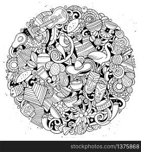 Cartoon vector doodles Latin America round illustration. Line art, detailed, with lots of objects background. All objects separate. Sketchy latinamerican funny picture. Cartoon vector doodles Latin America illustration