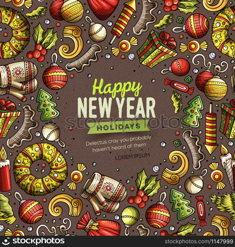 Cartoon vector doodles Merry Christmas and New Year objects frame card design. Colorful detailed, with lots of objects illustration. Bright colors holidays funny border. Cartoon vector doodles Merry Christmas and New Year card design