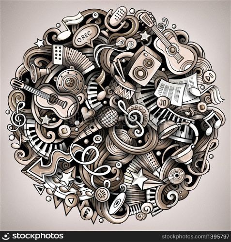 Cartoon vector doodles Music illustration. Monochrome, detailed, with lots of objects background. All objects separate. Toned musical funny round picture. Cartoon vector doodles Music illustration