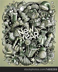 Cartoon vector doodles New Year illustration. Monochrome, detailed, with lots of objects background. All objects separate. Toned Christmas funny picture. Cartoon vector doodles New Year illustration. Christmas funny picture