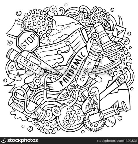 Cartoon vector doodles Pandemic illustration. Sketchy, detailed, with lots of objects background. All objects separate. Line art epidemic picture. Cartoon vector doodles Pandemic illustration. Line art epidemic picture
