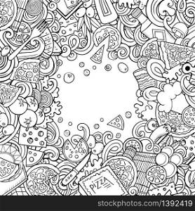 Cartoon vector doodles Pizza frame. Contour drawing, detailed, with lots of objects background. All objects separate. Sketchy pizzeria funny border. Cartoon vector doodles Pizza frame. Contour drawing pizzeria funny border