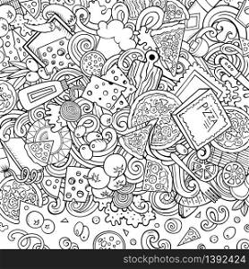 Cartoon vector doodles Pizza frame. Contour drawing, detailed, with lots of objects background. All objects separate. Sketchy pizzeria funny border. Cartoon vector doodles Pizza frame. Contour drawing pizzeria funny border