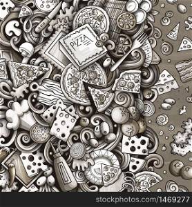 Cartoon vector doodles Pizza frame. Monochrome, detailed, with lots of objects background. All objects separate. Graphics pizzeria funny border. Cartoon vector doodles Pizza frame. Graphics pizzeria funny border