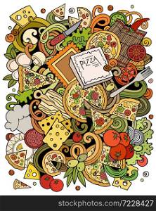 Cartoon vector doodles Pizza illustration. Colorful, detailed, with lots of objects background. All objects separate. Bright colors pizzeria funny picture. Cartoon vector doodles Pizza illustration. pizzeria funny picture