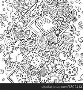 Cartoon vector doodles Pizza illustration. Line art, detailed, with lots of objects background. All objects separate. Bright colors pizzeria funny picture. Cartoon vector doodles Pizza illustration