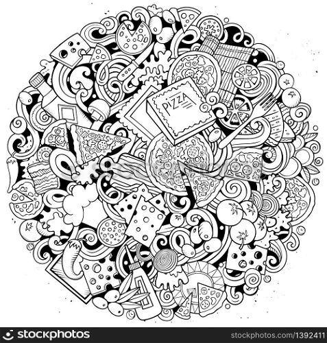 Cartoon vector doodles Pizza round illustration. Line art, detailed, with lots of objects background. All objects separate. Bright colors pizzeria funny picture. Cartoon vector doodles Pizza illustration