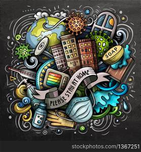 Cartoon vector doodles Please, Stay at Home illustration. Colorful, detailed, with lots of objects background. All objects separate. Bright colors epidemic picture. Cartoon vector doodles Please, Stay at Home illustration.