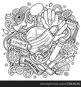 Cartoon vector doodles quarantine illustration. Line art, detailed, with lots of objects background. All objects separate. Sketchy epidemic picture. Cartoon vector doodles quarantine illustration. Line art epidemic picture