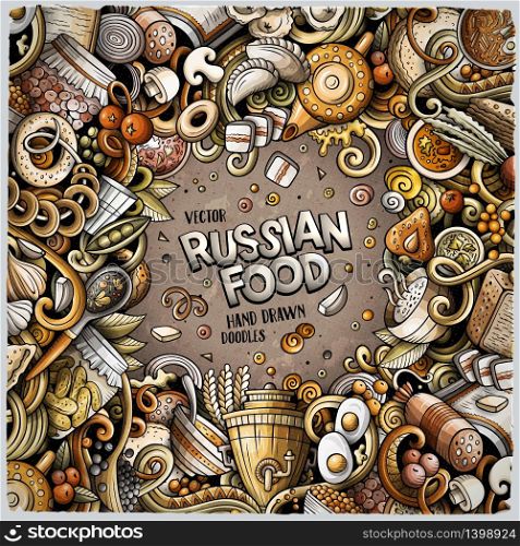 Cartoon vector doodles Russian food frame. Colorful, detailed, with lots of objects background. All objects separate. Bright colors ukrainian cuisine funny border. Cartoon vector doodles Russian food frame