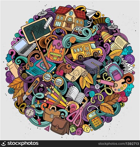 Cartoon vector doodles School illustration. Colorful, detailed, with lots of objects background. All objects separate. Bright colors education funny picture. Cartoon vector doodles School illustration
