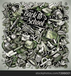 Cartoon vector doodles School illustration. Toned, detailed, with lots of objects background. All objects separate. Monochrome education funny picture. Cartoon vector doodles School illustration