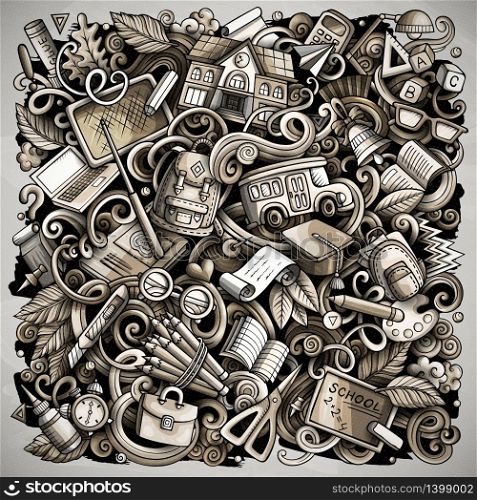 Cartoon vector doodles School illustration. Toned, detailed, with lots of objects background. All objects separate. Monochrome education funny picture. Cartoon vector doodles School illustration