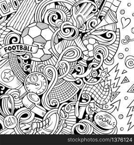 Cartoon vector doodles Soccer frame. Line art, detailed, with lots of objects background. All objects separate. Sketchy football funny border. Cartoon vector doodles Soccer frame. Line art, with lots of objects background