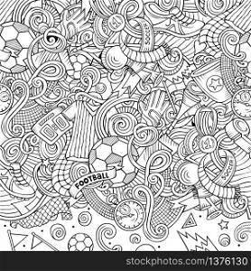 Cartoon vector doodles Soccer frame. Line art, detailed, with lots of objects background. All objects separate. Sketchy football funny border. Cartoon vector doodles Soccer frame. Line art, with lots of objects background