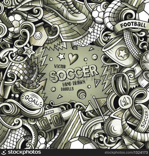 Cartoon vector doodles Soccer frame. Monochrome, detailed, with lots of objects background. All objects separate. Graphics football funny border. Cartoon vector doodles Soccer frame. Graphics football funny border