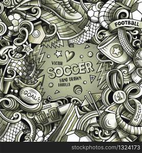 Cartoon vector doodles Soccer frame. Monochrome, detailed, with lots of objects background. All objects separate. Graphics football funny border. Cartoon vector doodles Soccer frame. Graphics football funny border