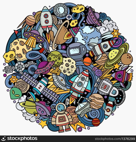 Cartoon vector doodles Space illustration. Colorful, detailed, with lots of objects background. All objects separate. Bright colors cosmic funny round picture. Cartoon vector doodles Space illustration