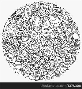 Cartoon vector doodles Space illustration. Colorful, detailed, with lots of objects background. All objects separate. Bright colors cosmic funny round picture. Cartoon vector doodles Space illustration