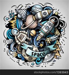 Cartoon vector doodles Space illustration. Colorful, detailed, with lots of objects background. All objects separate. Bright colors cosmic funny picture. Cartoon vector doodles Space illustration