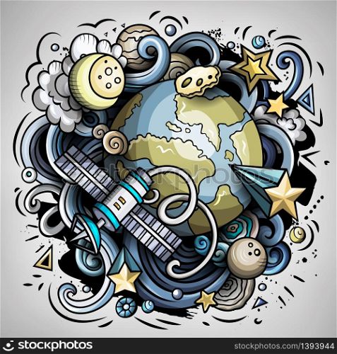 Cartoon vector doodles Space illustration. Colorful, detailed, with lots of objects background. All objects separate. Bright colors cosmic funny picture. Cartoon vector doodles Space illustration