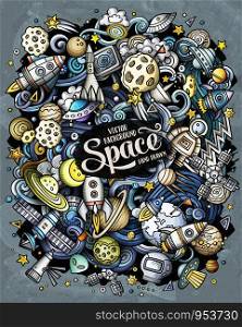 Cartoon vector doodles Space illustration. Colorful, detailed, with lots of objects background. All objects separate. Bright colors cosmic funny picture. Cartoon vector doodles Space illustration. Bright colors cosmic funny picture