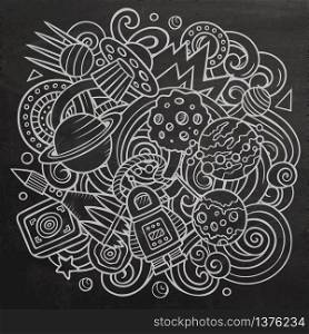 Cartoon vector doodles Space illustration. Line art, detailed, with lots of objects background. All objects separate. Chalkboard cosmic funny picture. Cartoon vector doodles Space illustration