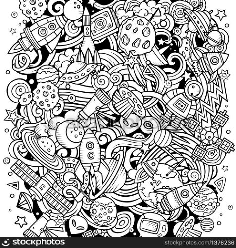 Cartoon vector doodles Space illustration. Line art, detailed, with lots of objects background. All objects separate. Sketchy cosmic funny picture. Cartoon vector doodles Space illustration. funny picture