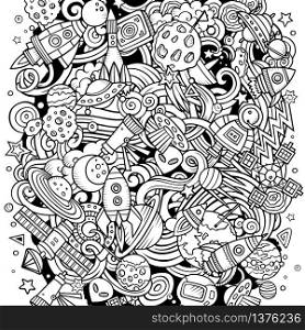 Cartoon vector doodles Space illustration. Line art, detailed, with lots of objects background. All objects separate. Sketchy cosmic funny picture. Cartoon vector doodles Space illustration. funny picture