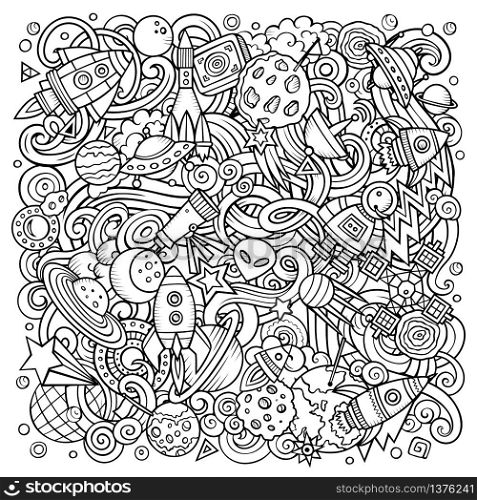Cartoon vector doodles Space illustration. Line art, detailed, with lots of objects background. All objects separate. Sketchy cosmic funny picture. Cartoon vector doodles Space illustration. Sketchy background