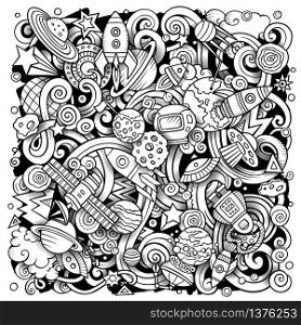 Cartoon vector doodles Space illustration. Line art, detailed, with lots of objects background. All objects separate. Contour drawing cosmic funny picture. Cartoon vector doodles Space illustration