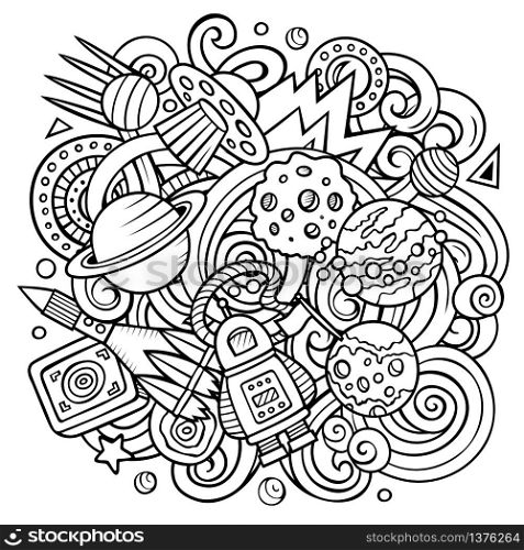 Cartoon vector doodles Space illustration. Line art, detailed, with lots of objects background. All objects separate. Sketchy cosmic funny picture. Cartoon vector doodles Space illustration