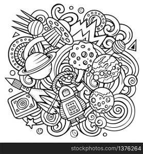 Cartoon vector doodles Space illustration. Line art, detailed, with lots of objects background. All objects separate. Sketchy cosmic funny picture. Cartoon vector doodles Space illustration