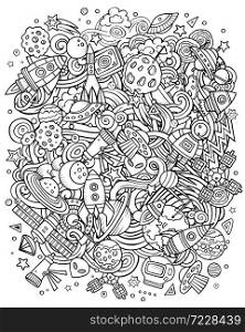 Cartoon vector doodles Space illustration. Line art, detailed, with lots of objects background. All objects separate. Sketchy cosmic funny picture. Cartoon vector doodles Space sketchy fun illustration