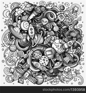 Cartoon vector doodles Space illustration. Monochrome, detailed, with lots of objects background. All objects separate. Toned cosmic funny picture. Cartoon vector doodles Space illustration. Toned cosmic funny picture