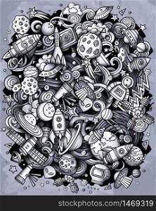 Cartoon vector doodles Space illustration. Monochrome, detailed, with lots of objects background. All objects separate. Toned cosmic funny picture. Cartoon vector doodles Space illustration. Toned cosmic funny picture