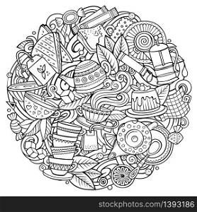 Cartoon vector doodles Tea illustration. Line art, detailed, with lots of objects background. All objects separate. Sketchy Cafe funny round picture. Cartoon vector doodles Tea illustration