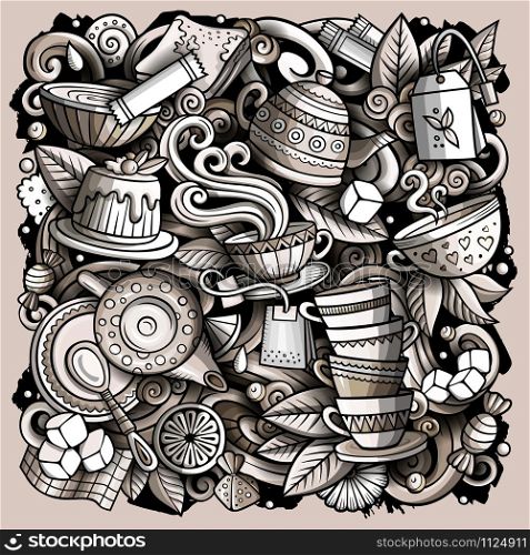 Cartoon vector doodles Tea illustration. Monochrome, detailed, with lots of objects background. All objects separate. Toned Cafe funny picture. Cartoon vector doodles Tea illustration. Toned Cafe funny picture