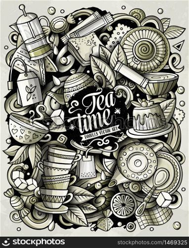 Cartoon vector doodles Tea illustration. Monochrome, detailed, with lots of objects background. All objects separate. Toned Cafe funny picture. Cartoon vector doodles Tea illustration. Toned Cafe funny picture